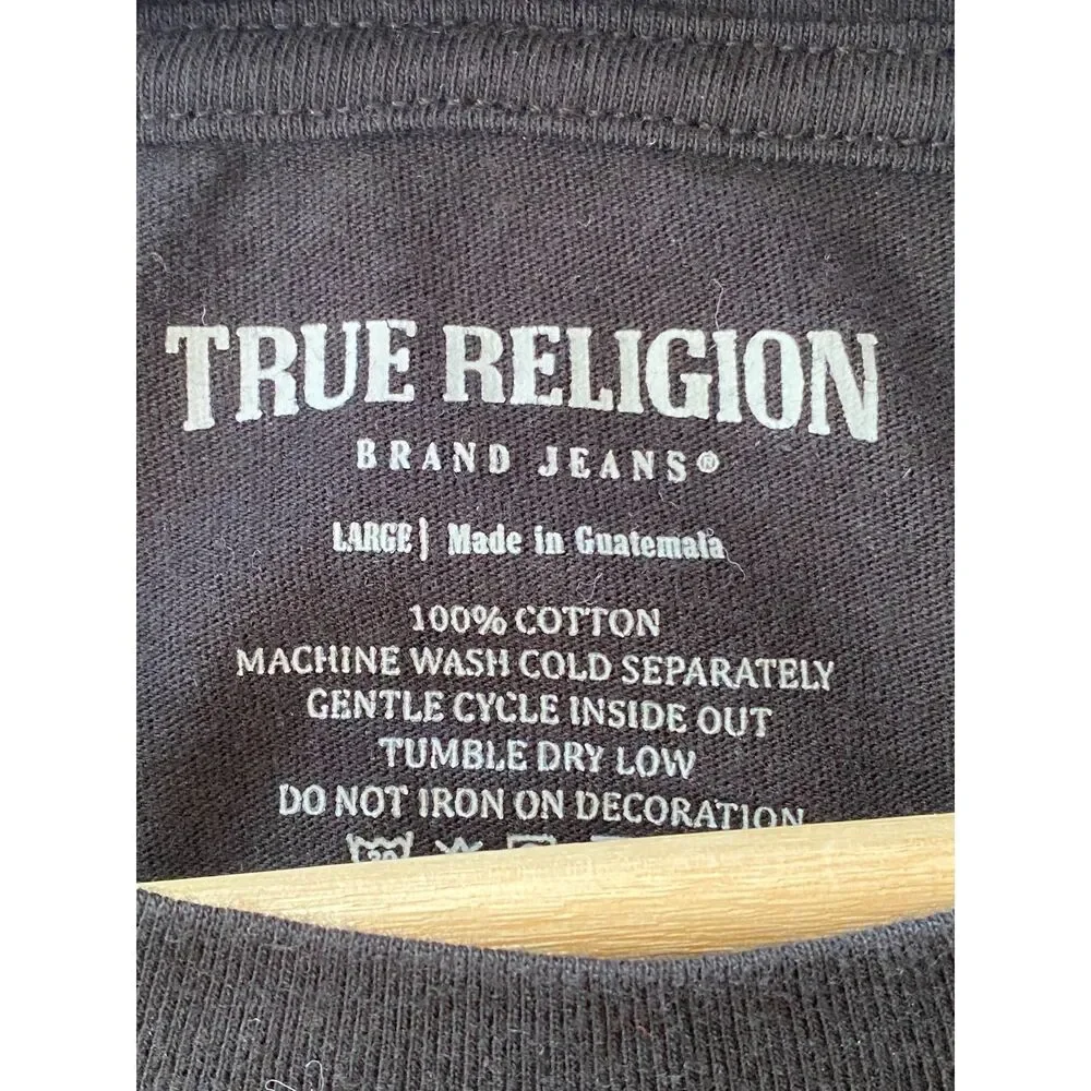 Large Classic True Religion Black Tee Graphic logo Buddha Guitar